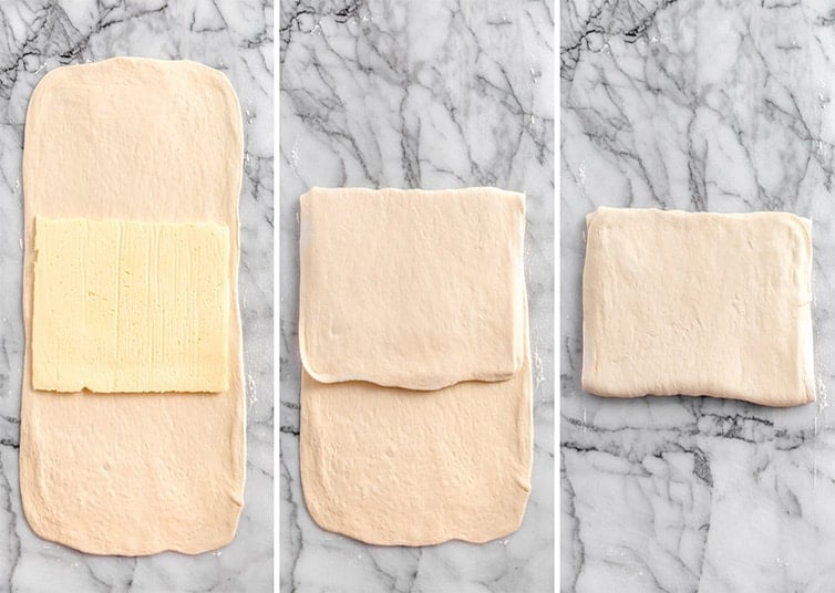 Step-by-step photos of incorporating the butter block into kouign-amann dough.