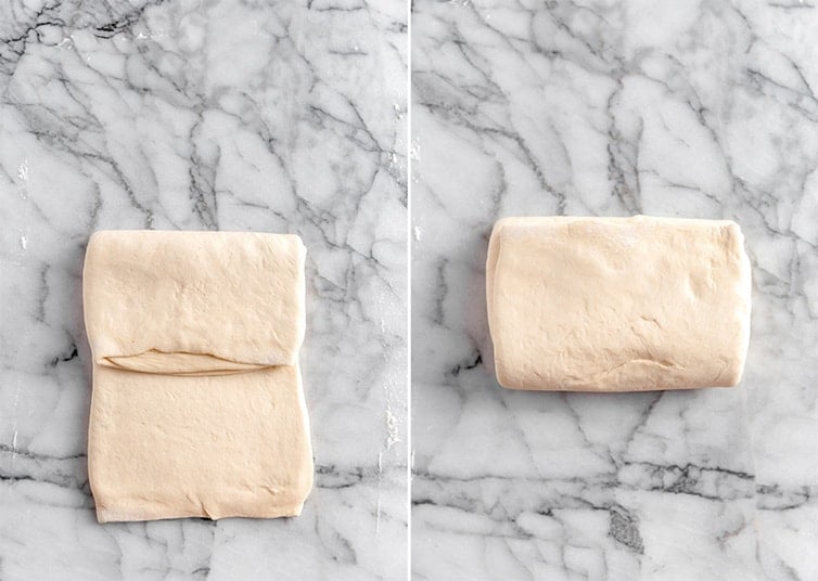 Two photos showing a "turn" in making laminated dough.