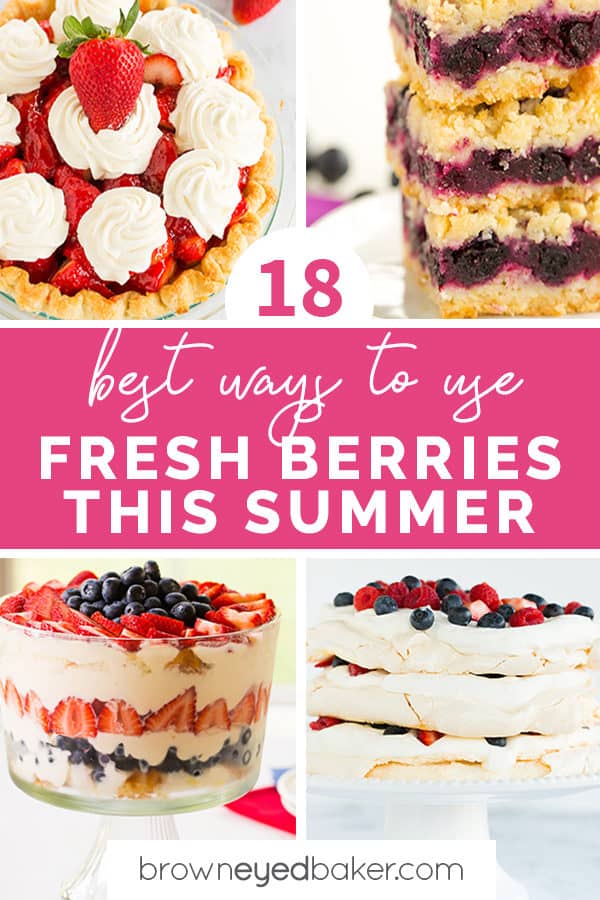 A collage of four desserts using fresh berries with text in the middle.