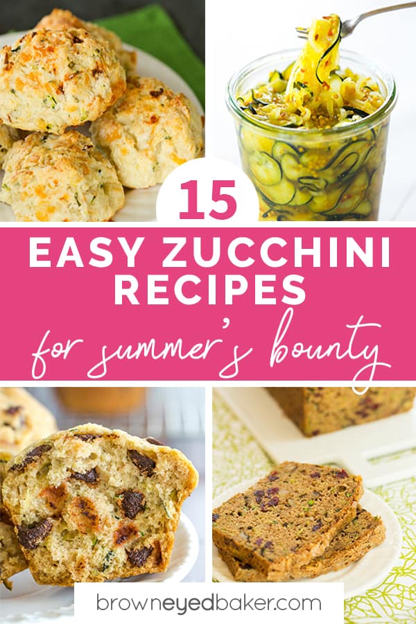 Collage of four photos of zucchini recipes.
