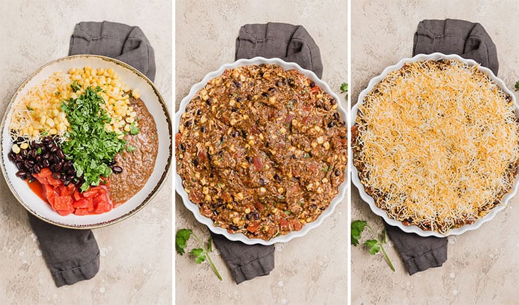 A photo collage of black bean dip ingredients, then assembled before baking.