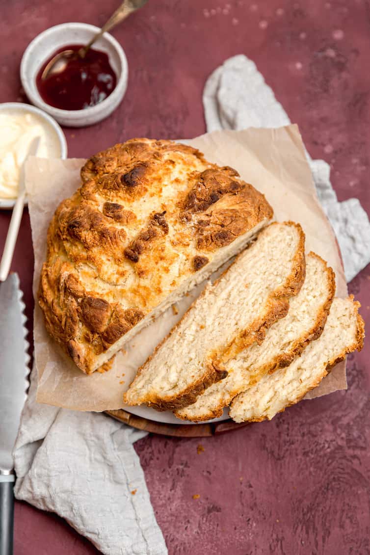 A loaf of Irish soda bread sliced.