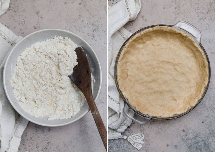 Wooden spoon stirring crust ingredients in a bowl + Bisquick crust pressed into a pie plate