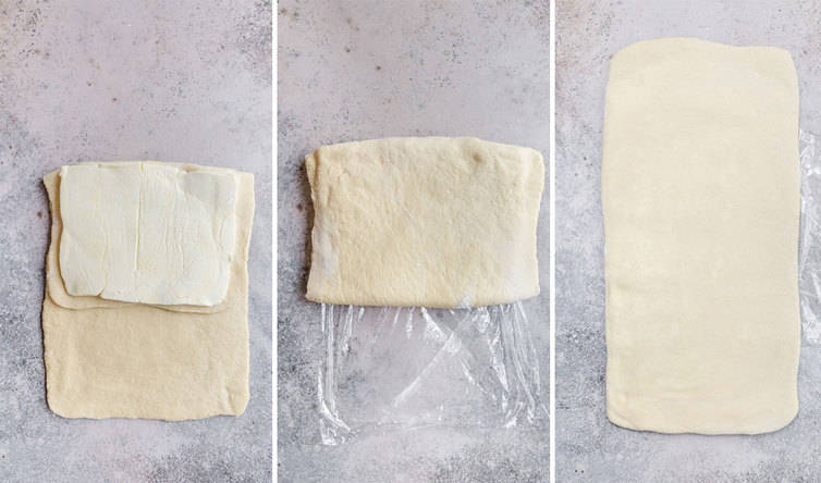 Step by step photos of a butter block in dough, then rolled out.