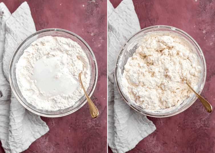 Side by side photos of Irish soda bread batter being mixed together.