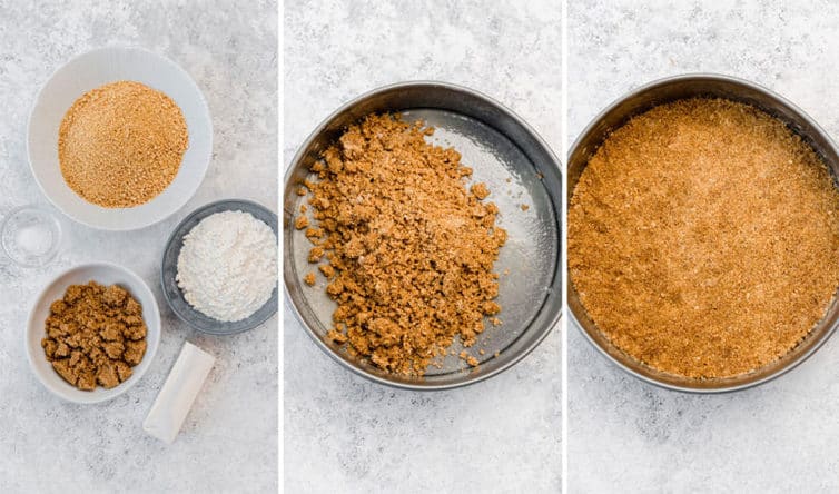 Graham crust ingredients prepped + mixed + pressed into springform pan.