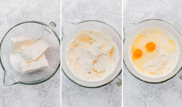 Three step-by-step photos of mixing cheesecake batter.