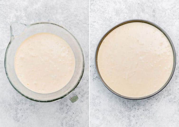 Photos of cheesecake batter prepared in mixing bowl then in springform pan.
