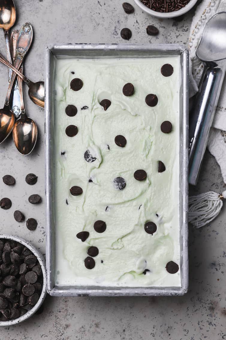 Prepared mint chocolate chip ice cream in a loaf pan.