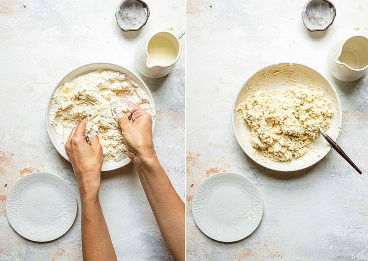 Mixing together biscuit dough.