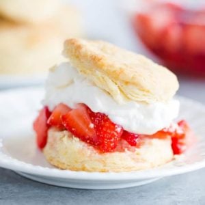 A biscuit filled with strawberries and whipped cream on a white plate.