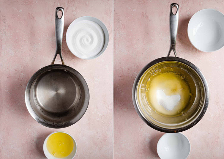 Sugar and egg whites in a saucepan.