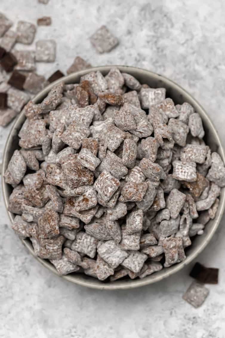 A bowl of muddy buddies - overhead shot.