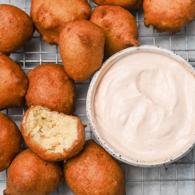 Hush Puppies with Spicy Dipping Sauce - Brown Eyed Baker