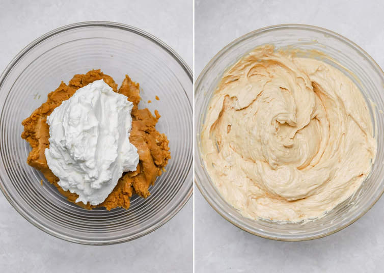 Mixing together peanut butter filling.