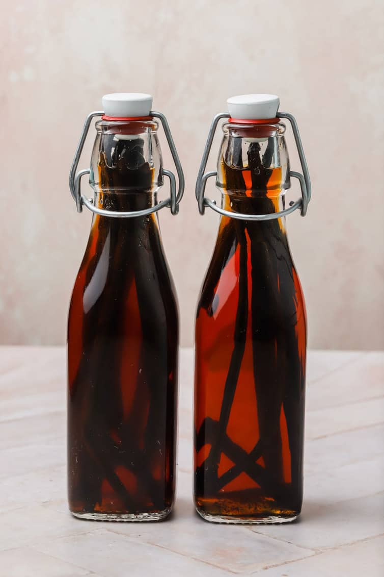 Two bottles of homemade vanilla extract.