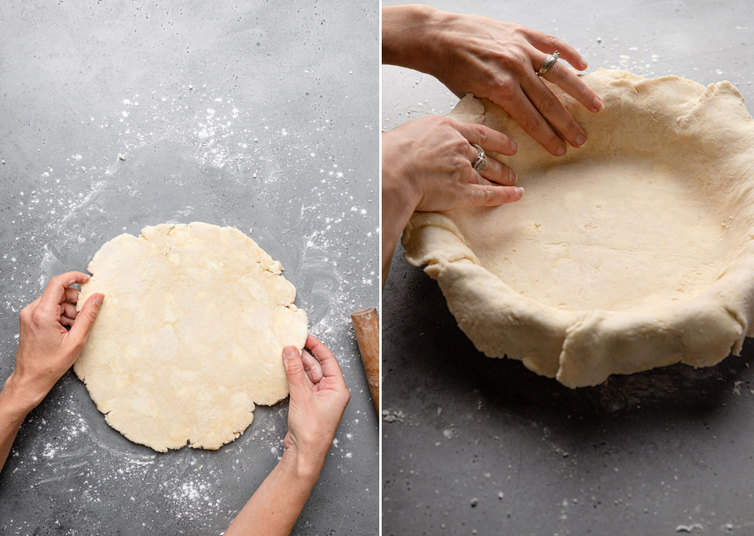 Fitting a round of pie dough into a pie plate.