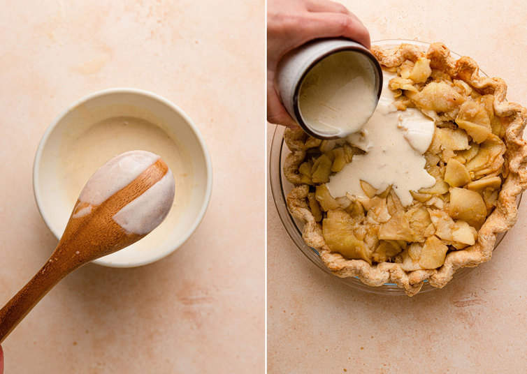 Pouring reduced apple juice and cream mixture over apple pie filling.