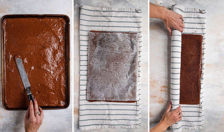Baking chocolate sponge cake and rolling up in kitchen towel.