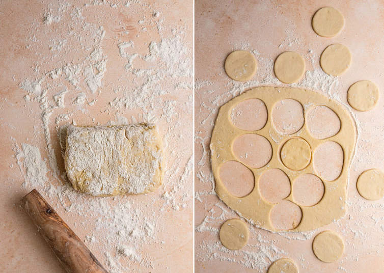 Cookie dough rolled out and cut into rounds.