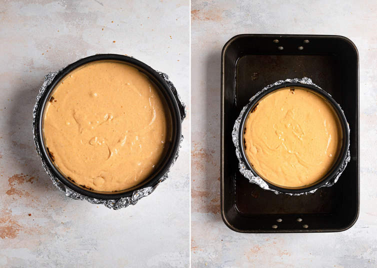 Pumpkin cheesecake placed in a water bath prior to baking.