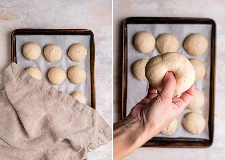 Pressing a thumb through the center of a ball of dough.