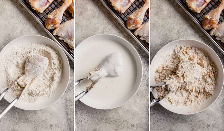 A series of three photos showing chicken in flour in the first photo, dunked in buttermilk in the second photo, and in the shaggy dredging in the third photo.