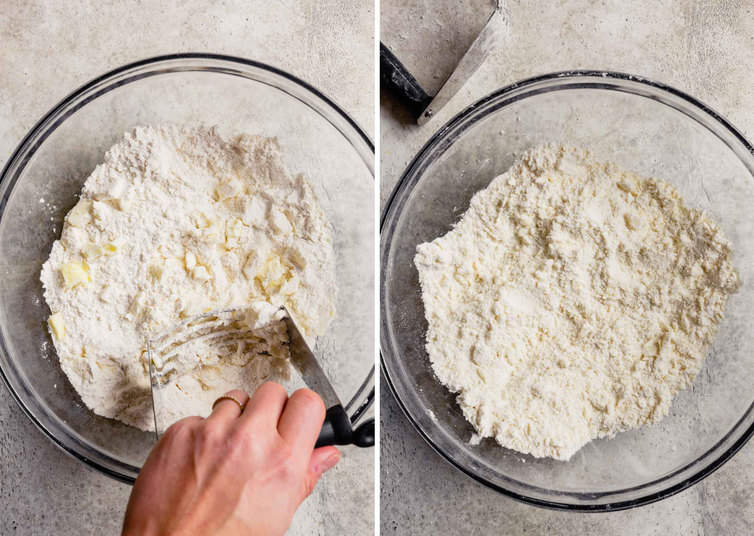 Side by side images, on the left an hand using a pastry blender to cut butter into the flour mixture and on the right a coarse crumbly mixture in a mixing bowl after the butter has been cut in.
