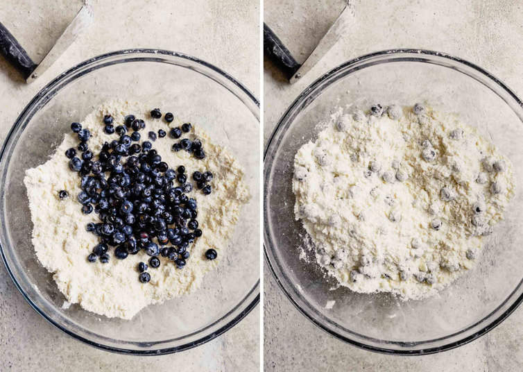 Side by side photos on the left blueberries are added to the mixing bowl and on the right the blueberries have been coated in the flour mixture.