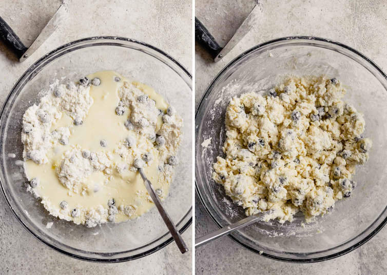 Side by side photos on the left buttermilk is added to the glass bowl with a spatula and on the right the buttermilk has been mixed into the scones dough.