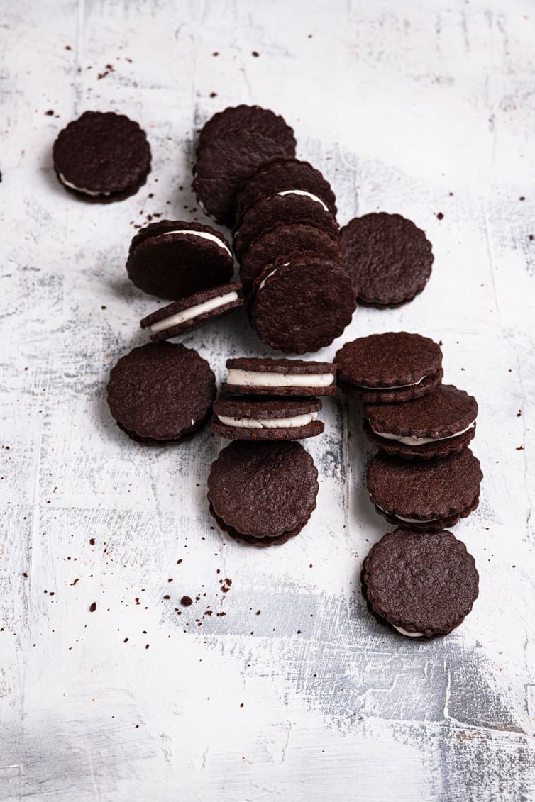 Oreo cookies from scratch on a counter.