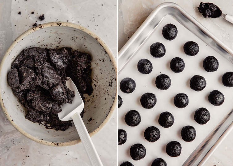 Oreo truffles mixture in mixing bowl, then rolled into balls.