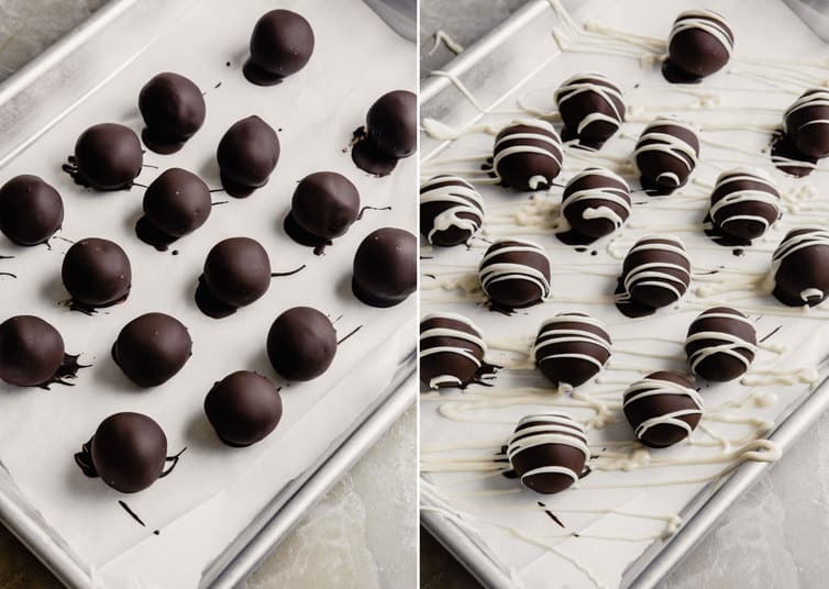 Oreo truffles covered in chocolate and drizzled with white chocolate.