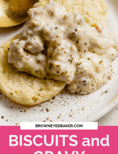A biscuits topped with sausage gravy on a plate with pepper and a spoon in the back with a pink rectangle at the bottom that says biscuits and gravy in white.