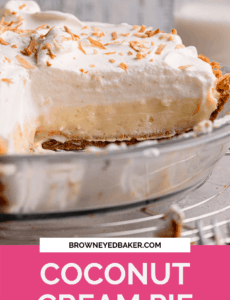 A glass pie plate with coconut cream pie showing the layers of graham cracker crust, coconut filling, and whipped topping with a pink rectangle and the words Coconut Cream Pie in white.