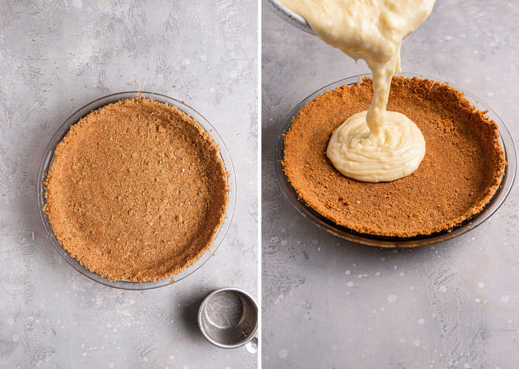 A side by side picture with a graham cracker pie crust pressed into a pie plate with a measuring cup on the left and the coconut cream pie filling being poured in on the right.