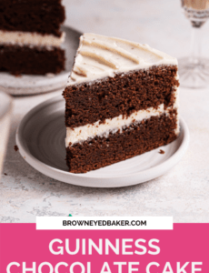 A slice of Guinness chocolate cake on a white plate with a cake slice in the back with a pink rectangle at the bottom with Guinness Chocolate Cake in white at the bottom.