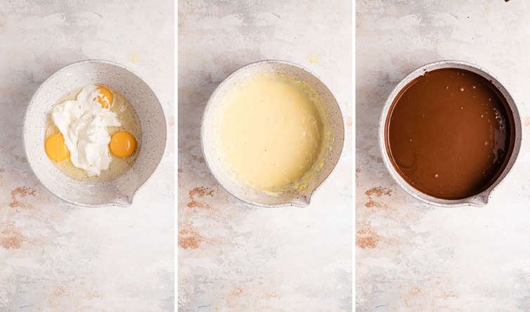 Three side by side pictures, first the wet ingredients in a bowl, the second picture with the mixed wet ingredients, and the third the chocolate batter in a bowl.