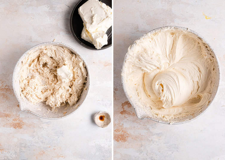 Side by side photos of making the cream cheese frosting for the cake.