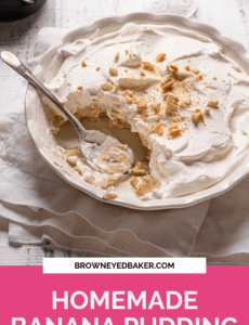 Banana pudding in a pie pan with a silver spoon with a pink rectangle at the bottom and the words homemade banana pudding in white.