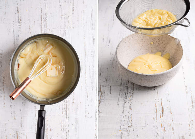 Side by side pictures of making pudding for banana pudding.