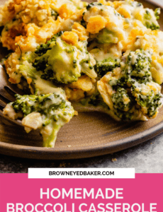 A scoop of cheesy broccoli casserole on a brown plate topped with ritz cracker topping with a pink rectangle at the bottom with the words homemade broccoli casserole in white.