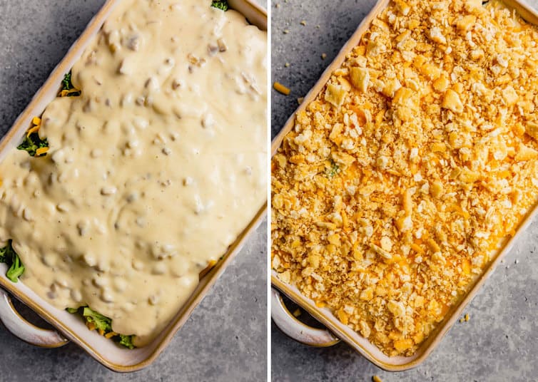 Side by side images of the casserole dish topped with the sauce on the left and topped with the ritz cracker topping on the right.