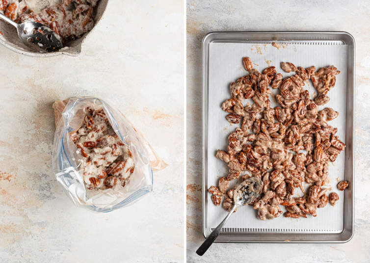 Candied pecans in a bag on the left and candied pecans on a baking sheet on the right.
