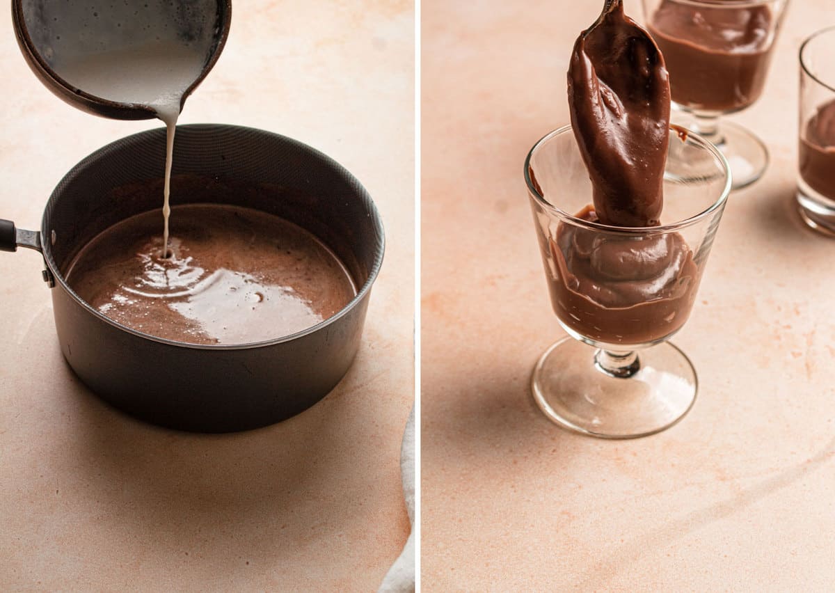 Two side by side photos of chocolate pudding prep on the left the cornstarch slurry being added to the melted chocolate mixture and on the right chocolate pudding being spooned into a glass cup.