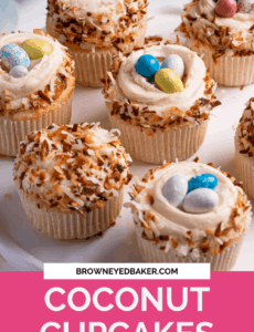 Coconut cupcakes topped with frosting and toasted coconut and candy eggs on a white plate with a pink rectangle at the bottom that says coconut cupcakes in white.