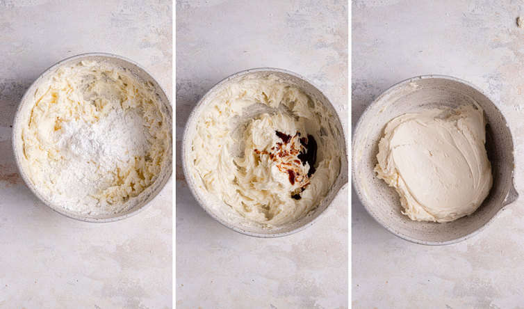 Three side by side photos of a mixing bowl making the coconut frosting.