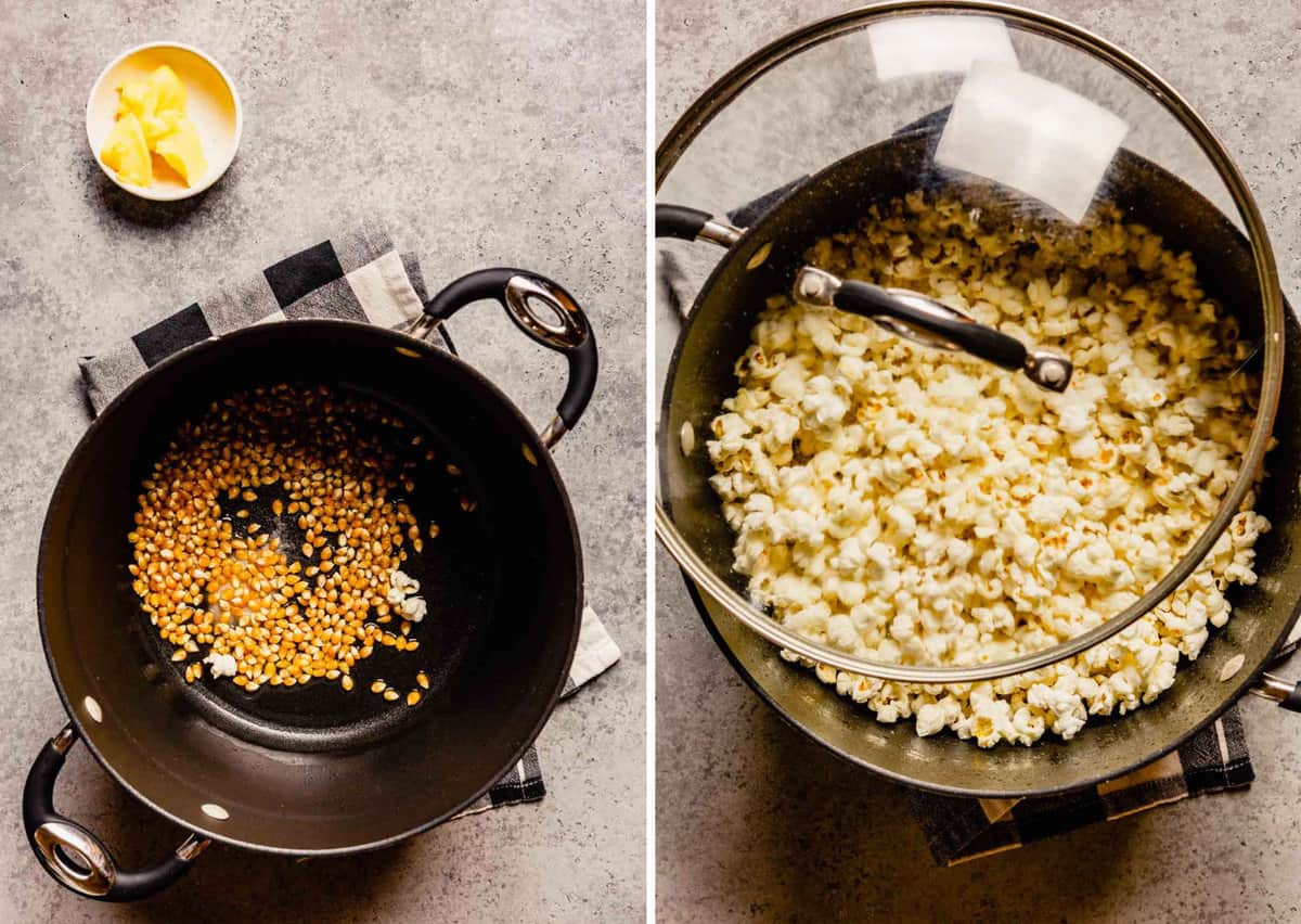 Side by side photos of popcorn kernels in the bottom of a pot and then fully popped.