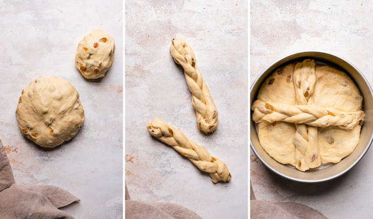On the left a photo of the dough divided, in the middle the braided dough, and on the right a cake pan with the paska dough topped with the braided dough.