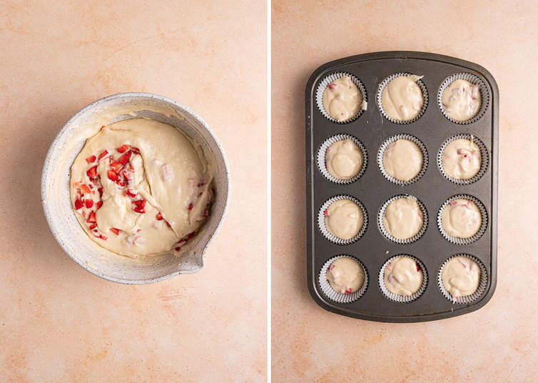 A mixing bowl on the left with strawberry cupcake batter and a cupcake tin on the right with the strawberry cupcakes before baking.